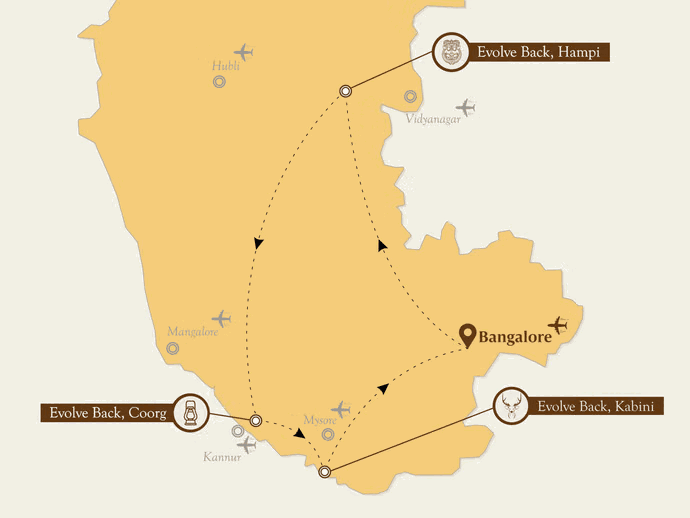 Map showing Kabini in relation to Bangalore and Mysore